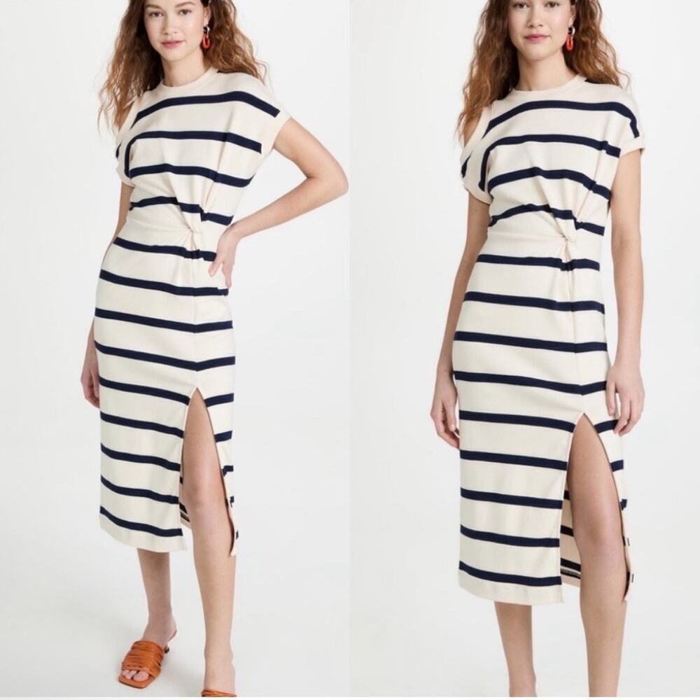 Tanya Taylor Cream and Navy Horizontal-Stripe Midi Dress with Side Slit